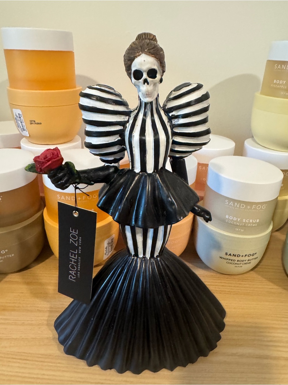 Rachel Zoe Black & White Striped Skeleton Figurine with Red Rose Accent